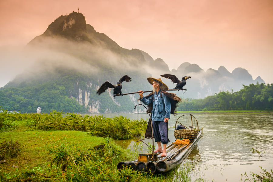 pescador de cormoran sobre una lancha en el rio yulong con montañas de fondo